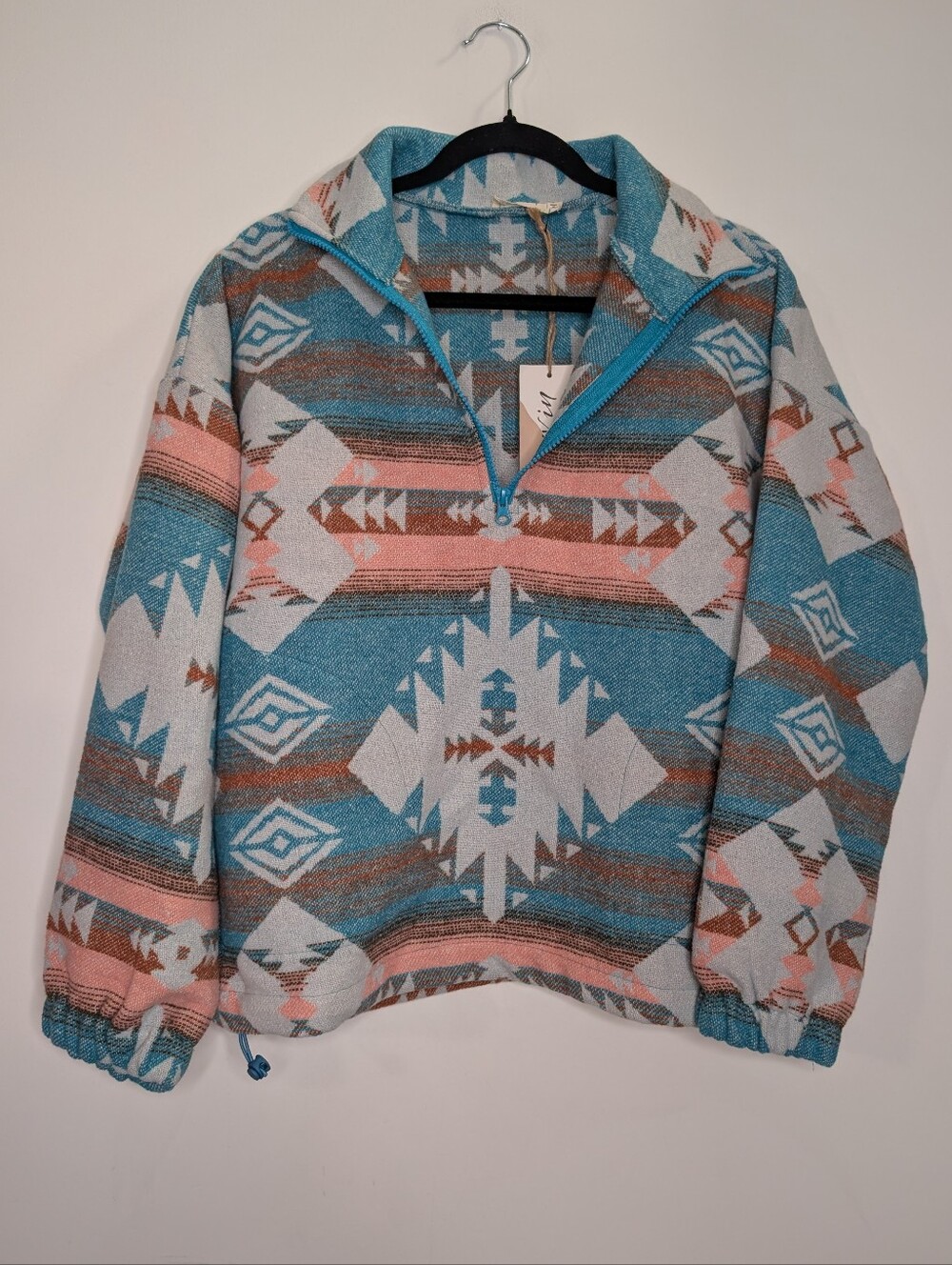 New In Southwestern Aztec Quarter Zip Pullover Blue Pink Boho Western - Picture 2 of 5
